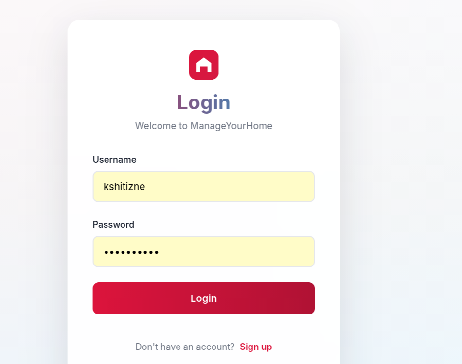ManageYourHome login screen.