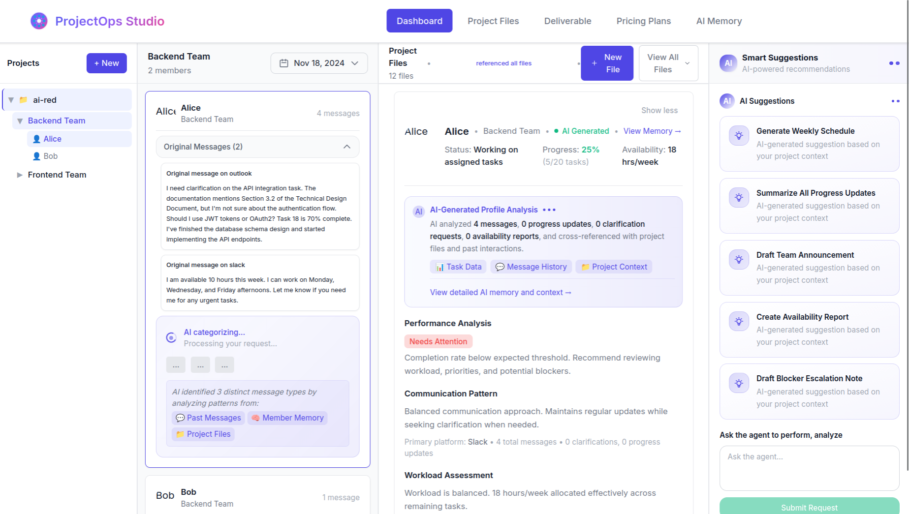 ProjectOps Studio dashboard with team messages, progress, and smart suggestions.