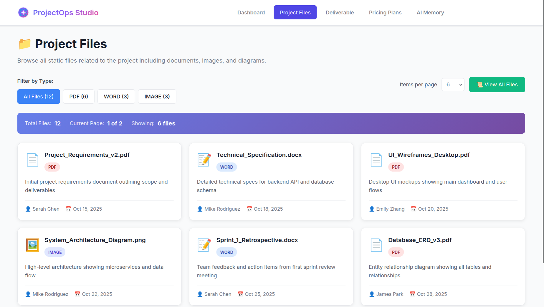 ProjectOps Studio project files page with filters and document cards.