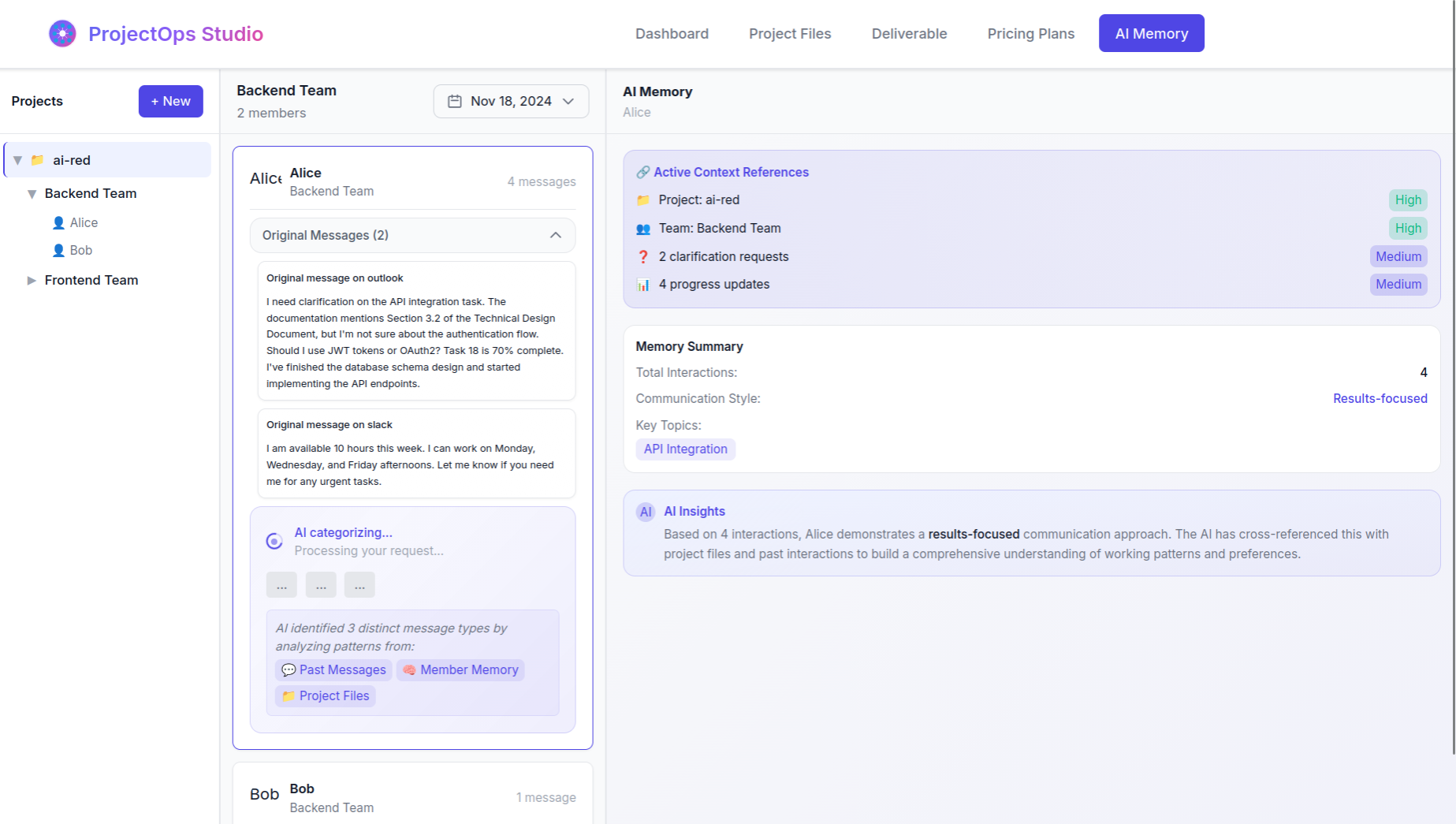 ProjectOps Studio AI memory page with team context and insights.