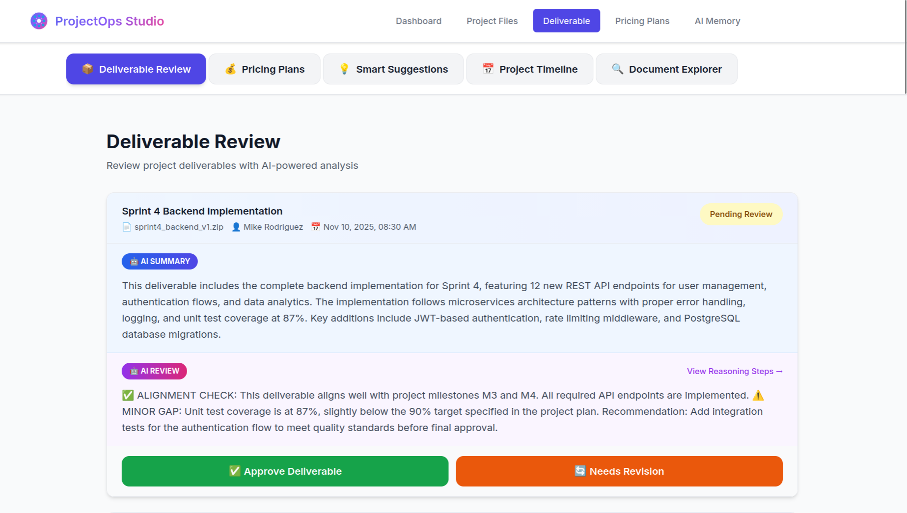ProjectOps Studio deliverable review showing an AI summary, feedback, and approval options.